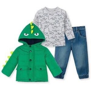 Little Me Green Monster Hooded Puffer Jacket in Green
